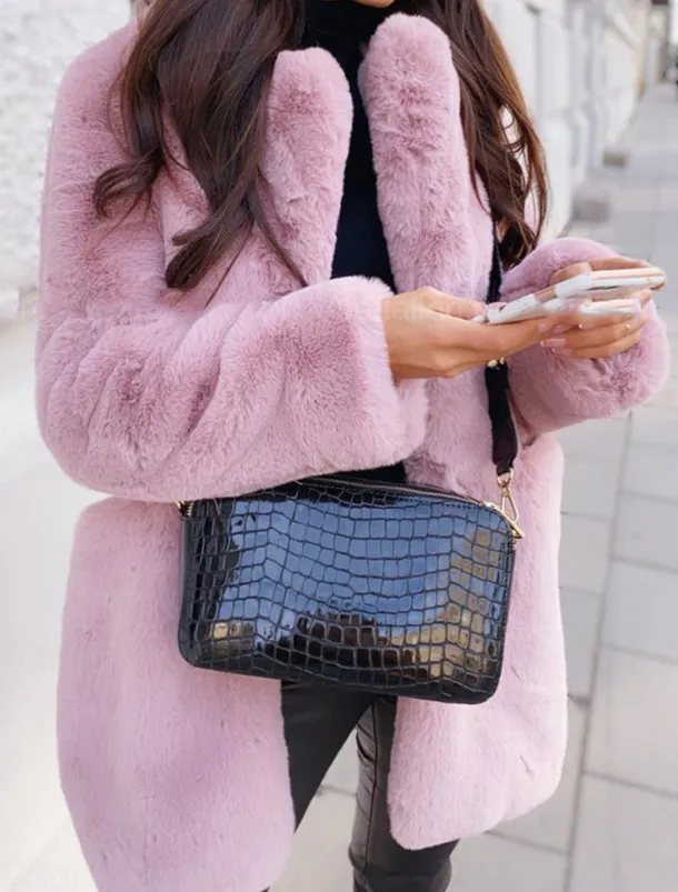 Women's Winter Coat Faux Fur Coat Warm Breathable Outdoor Valentine's Day Street Daily Wear Slim Fit Cardigan Lapel Fashion Daily Casual Solid Color Loose Fit Outerwear Long Sleeve Fall Winter Black