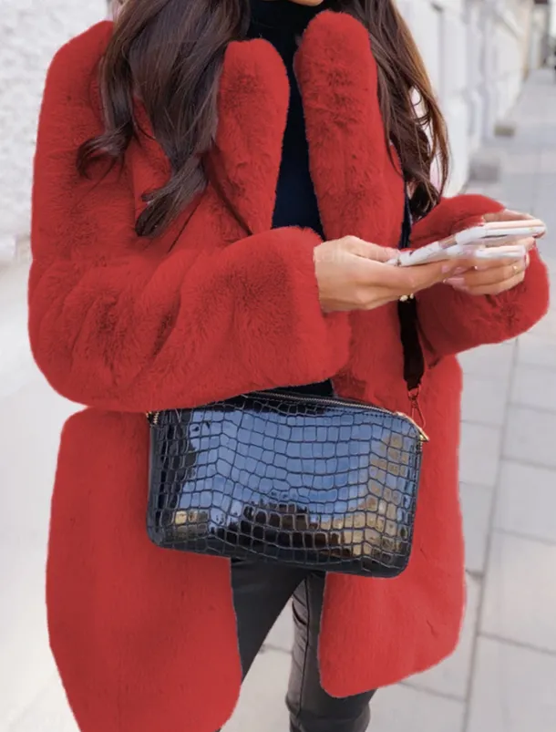 Women's Winter Coat Faux Fur Coat Warm Breathable Outdoor Valentine's Day Street Daily Wear Slim Fit Cardigan Lapel Fashion Daily Casual Solid Color Loose Fit Outerwear Long Sleeve Fall Winter Black