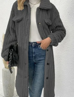 Women's Winter Coat Fleece Jacket Teddy Coat Warm Breathable Pocket Fashion Casual Plain Work Street Single Breasted Long Turndown Loose Fit Long Sleeve Outerwear Brown Dark Grey Beige Fall Winter