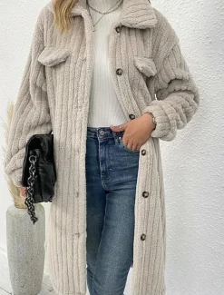 Women's Winter Coat Fleece Jacket Teddy Coat Warm Breathable Pocket Fashion Casual Plain Work Street Single Breasted Long Turndown Loose Fit Long Sleeve Outerwear Brown Dark Grey Beige Fall Winter