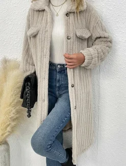 Women's Winter Coat Fleece Jacket Teddy Coat Warm Breathable Pocket Fashion Casual Plain Work Street Single Breasted Long Turndown Loose Fit Long Sleeve Outerwear Brown Dark Grey Beige Fall Winter