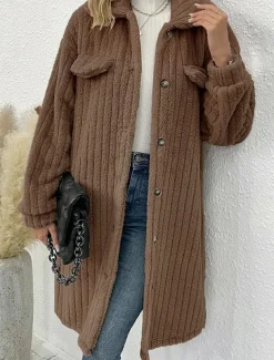 Women's Winter Coat Fleece Jacket Teddy Coat Warm Breathable Pocket Fashion Casual Plain Work Street Single Breasted Long Turndown Loose Fit Long Sleeve Outerwear Brown Dark Grey Beige Fall Winter