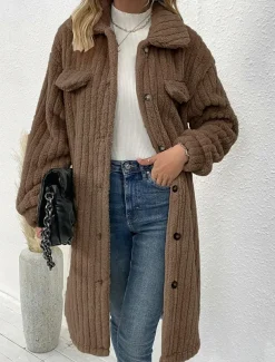 Women's Winter Coat Fleece Jacket Teddy Coat Warm Breathable Pocket Fashion Casual Plain Work Street Single Breasted Long Turndown Loose Fit Long Sleeve Outerwear Brown Dark Grey Beige Fall Winter