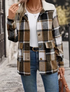 Women's Winter Coat Outdoor Street Daily Wear Fall Winter Regular Coat Regular Fit Thermal Warm Breathable Stylish Casual Jacket Long Sleeve Stripes and Plaid with Pockets Fur Collar Khaki