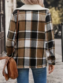 Women's Winter Coat Outdoor Street Daily Wear Fall Winter Regular Coat Regular Fit Thermal Warm Breathable Stylish Casual Jacket Long Sleeve Stripes and Plaid with Pockets Fur Collar Khaki