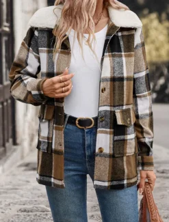 Women's Winter Coat Outdoor Street Daily Wear Fall Winter Regular Coat Regular Fit Thermal Warm Breathable Stylish Casual Jacket Long Sleeve Stripes and Plaid with Pockets Fur Collar Khaki