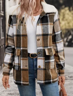Women's Winter Coat Outdoor Street Daily Wear Fall Winter Regular Coat Regular Fit Thermal Warm Breathable Stylish Casual Jacket Long Sleeve Stripes and Plaid with Pockets Fur Collar Khaki