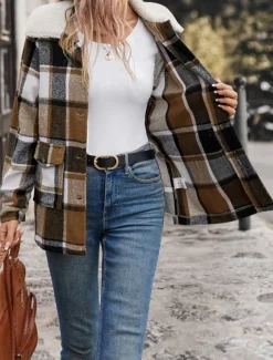 Women's Winter Coat Outdoor Street Daily Wear Fall Winter Regular Coat Regular Fit Thermal Warm Breathable Stylish Casual Jacket Long Sleeve Stripes and Plaid with Pockets Fur Collar Khaki