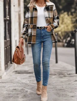 Women's Winter Coat Outdoor Street Daily Wear Fall Winter Regular Coat Regular Fit Thermal Warm Breathable Stylish Casual Jacket Long Sleeve Stripes and Plaid with Pockets Fur Collar Khaki