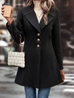 Women's Winter Coat Outdoor Street Daily Wear Fall Winter Regular Coat Regular Fit Thermal Warm Breathable Stylish Casual Jacket Long Sleeve Plain with Pockets Black Apricot Coffee