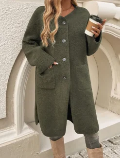 Women's Winter Coat Outdoor Street Daily Wear Fall Winter Long Coat Regular Fit Thermal Warm Breathable Stylish Casual Jacket Long Sleeve Plain with Pockets Army Green Khaki Apricot