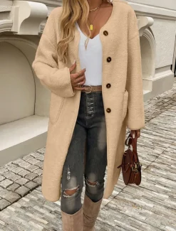 Women's Winter Coat Outdoor Street Daily Wear Fall Winter Long Coat Regular Fit Thermal Warm Breathable Stylish Casual Jacket Long Sleeve Plain with Pockets Army Green Khaki Apricot