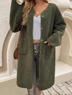 Women's Winter Coat Outdoor Street Daily Wear Fall Winter Long Coat Regular Fit Thermal Warm Breathable Stylish Casual Jacket Long Sleeve Plain with Pockets Army Green Khaki Apricot