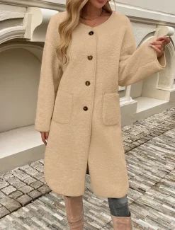 Women's Winter Coat Outdoor Street Daily Wear Fall Winter Long Coat Regular Fit Thermal Warm Breathable Stylish Casual Jacket Long Sleeve Plain with Pockets Army Green Khaki Apricot