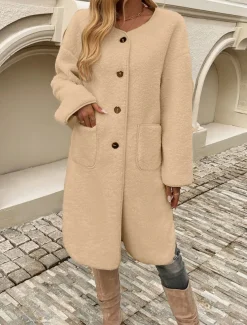 Women's Winter Coat Outdoor Street Daily Wear Fall Winter Long Coat Regular Fit Thermal Warm Breathable Stylish Casual Jacket Long Sleeve Plain with Pockets Army Green Khaki Apricot