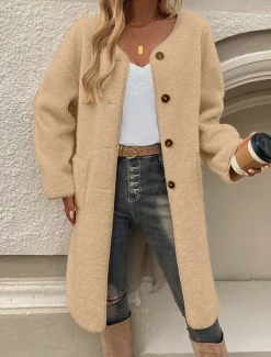 Women's Winter Coat Outdoor Street Daily Wear Fall Winter Long Coat Regular Fit Thermal Warm Breathable Stylish Casual Jacket Long Sleeve Plain with Pockets Army Green Khaki Apricot