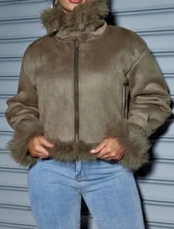 Women's Winter Coat Outdoor Street Daily Wear Fall Winter Short Coat Regular Fit Thermal Warm Breathable Stylish Casual Jacket Long Sleeve Plain Faux Fur Trim Green