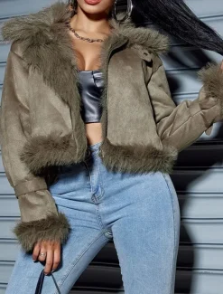 Women's Winter Coat Outdoor Street Daily Wear Fall Winter Short Coat Regular Fit Thermal Warm Breathable Stylish Casual Jacket Long Sleeve Plain Faux Fur Trim Green