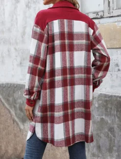 Women's Winter Coat Outdoor Street Daily Wear Fall Winter Long Coat Regular Fit Thermal Warm Breathable Stylish Casual Jacket Long Sleeve Stripes and Plaid with Pockets Print Wine Coffee Gray