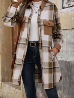 Women's Winter Coat Outdoor Street Daily Wear Fall Winter Long Coat Regular Fit Thermal Warm Breathable Stylish Casual Jacket Long Sleeve Stripes and Plaid with Pockets Print Wine Coffee Gray