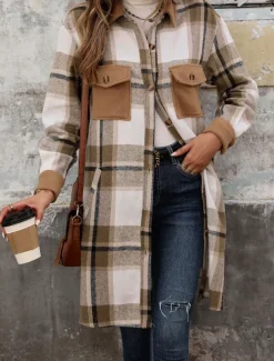Women's Winter Coat Outdoor Street Daily Wear Fall Winter Long Coat Regular Fit Thermal Warm Breathable Stylish Casual Jacket Long Sleeve Stripes and Plaid with Pockets Print Wine Coffee Gray