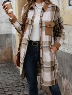 Women's Winter Coat Outdoor Street Daily Wear Fall Winter Long Coat Regular Fit Thermal Warm Breathable Stylish Casual Jacket Long Sleeve Stripes and Plaid with Pockets Print Wine Coffee Gray