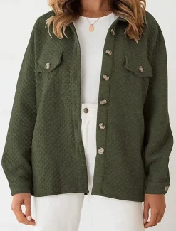 Women's Winter Coat Outdoor Street Daily Wear Fall Winter Regular Coat Regular Fit Thermal Warm Breathable Stylish Casual Jacket Long Sleeve Plain with Pockets Green Gray