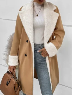 Women's Winter Coat Teddy Coat Windproof Warm Buttons Fur Collar Elegant Outdoor Solid Color Work Casual Double Breasted Turndown Loose Fit Long Sleeve Outerwear Khaki Fall Winter