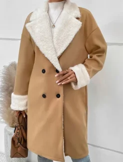 Women's Winter Coat Teddy Coat Windproof Warm Buttons Fur Collar Elegant Outdoor Solid Color Work Casual Double Breasted Turndown Loose Fit Long Sleeve Outerwear Khaki Fall Winter