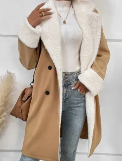 Women's Winter Coat Teddy Coat Windproof Warm Buttons Fur Collar Elegant Outdoor Solid Color Work Casual Double Breasted Turndown Loose Fit Long Sleeve Outerwear Khaki Fall Winter