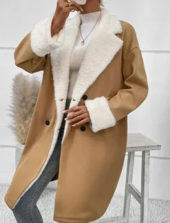 Women's Winter Coat Teddy Coat Windproof Warm Buttons Fur Collar Elegant Outdoor Solid Color Work Casual Double Breasted Turndown Loose Fit Long Sleeve Outerwear Khaki Fall Winter