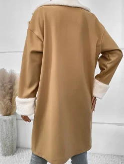 Women's Winter Coat Teddy Coat Windproof Warm Buttons Fur Collar Elegant Outdoor Solid Color Work Casual Double Breasted Turndown Loose Fit Long Sleeve Outerwear Khaki Fall Winter