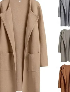 Women's Winter Coat Warm Breathable Pocket Casual Plain Vacation Street Daily Wear Going out Open Front Long Turndown Regular Fit Long Sleeve Outerwear Black Brown Khaki Fall Winter