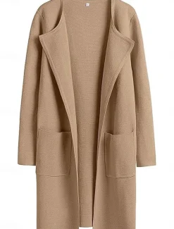 Women's Winter Coat Warm Breathable Pocket Casual Plain Vacation Street Daily Wear Going out Open Front Long Turndown Regular Fit Long Sleeve Outerwear Black Brown Khaki Fall Winter