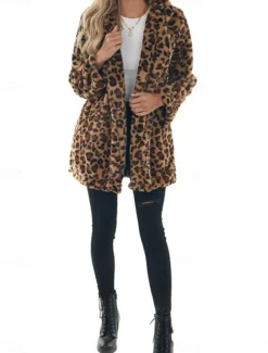 Women's Winter Coat Warm Breathable Patchwork with Pockets Vintage Fashion Leopard Party / Evening Open Front Long Turndown Regular Fit Long Sleeve Outerwear Leopard Fall Winter