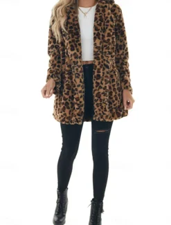 Women's Winter Coat Warm Breathable Patchwork with Pockets Vintage Fashion Leopard Party / Evening Open Front Long Turndown Regular Fit Long Sleeve Outerwear Leopard Fall Winter