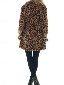 Women's Winter Coat Warm Breathable Patchwork with Pockets Vintage Fashion Leopard Party / Evening Open Front Long Turndown Regular Fit Long Sleeve Outerwear Leopard Fall Winter