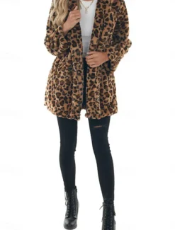 Women's Winter Coat Warm Breathable Patchwork with Pockets Vintage Fashion Leopard Party / Evening Open Front Long Turndown Regular Fit Long Sleeve Outerwear Leopard Fall Winter
