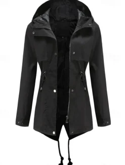 Women's Winter Coat Waterproof Windproof Zipper Outdoor Solid Color Work Casual Zipper Hoodie Loose Fit Long Sleeve Outerwear Black Yellow Red Winter