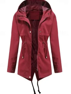 Women's Winter Coat Waterproof Windproof Zipper Outdoor Solid Color Work Casual Zipper Hoodie Loose Fit Long Sleeve Outerwear Black Yellow Red Winter