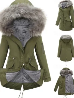 Women's Winter Coat Windproof Warm Zipper Outdoor Solid Color Work Casual Zipper Hoodie Loose Fit Long Sleeve Outerwear Black Red Green Winter