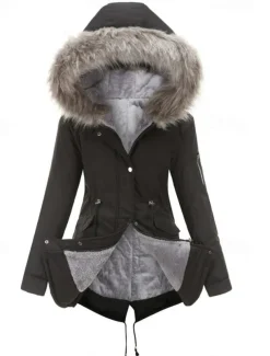 Women's Winter Coat Windproof Warm Zipper Outdoor Solid Color Work Casual Zipper Hoodie Loose Fit Long Sleeve Outerwear Black Red Green Winter