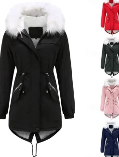Women's Winter Coat Windproof Warm Zipper Outdoor Solid Color Work Casual Zipper Hoodie Loose Fit Long Sleeve Outerwear Navy Black Pink Winter