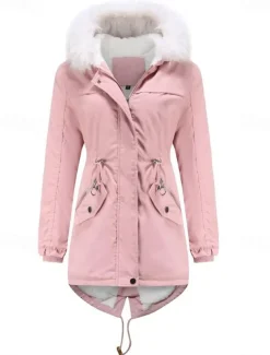 Women's Winter Coat Windproof Warm Zipper Outdoor Solid Color Work Casual Zipper Hoodie Loose Fit Long Sleeve Outerwear Navy Black Pink Winter