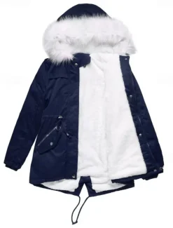 Women's Winter Coat Windproof Warm Zipper Outdoor Solid Color Work Casual Zipper Hoodie Loose Fit Long Sleeve Outerwear Navy Black Pink Winter