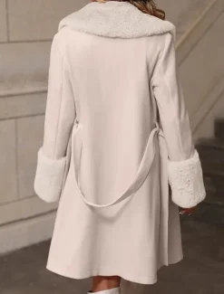 Women's Winter Coat Windproof Warm Buttons With Belt Fur Collar Elegant Outdoor Solid Color Work Casual Single Breasted Turndown Loose Fit Long Sleeve Outerwear Khaki Apricot Fall Winter