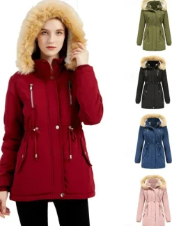 Women's Winter Coat Windproof Warm Zipper Buttons Outdoor Solid Color Work Casual Single Breasted Hoodie Loose Fit Long Sleeve Outerwear Black Pink Wine Winter