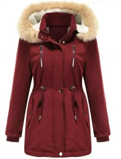 Women's Winter Coat Windproof Warm Zipper Buttons Outdoor Solid Color Work Casual Single Breasted Hoodie Loose Fit Long Sleeve Outerwear Black Pink Wine Winter