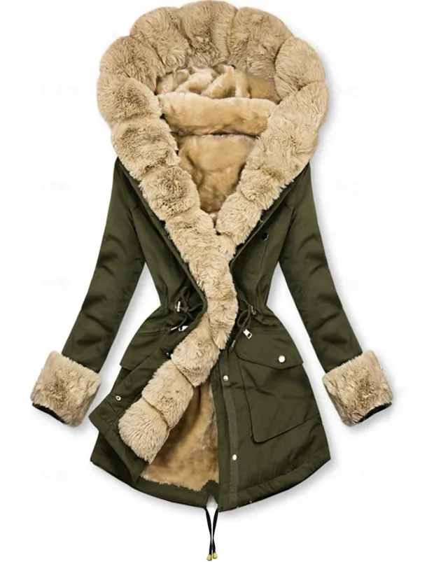 Women's Winter Coat Winter Jacket Parka Windproof Warm Zipper Pocket Drawstring Fur Collar Elegant Street Style Plain Street Casual Daily Wear Zipper Regular Hoodie Regular Fit Long Sleeve Outerwear