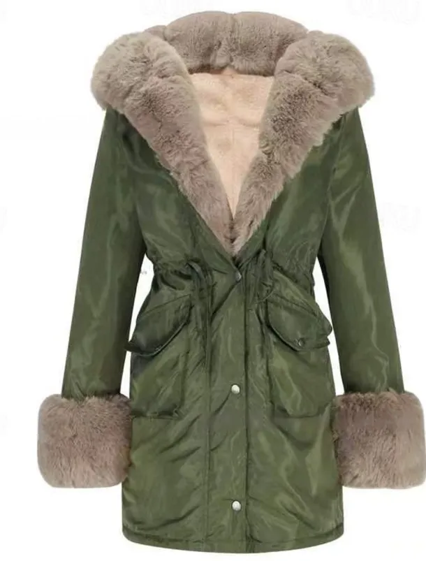 Women's Winter Coat Winter Jacket Parka Windproof Warm Zipper Pocket Drawstring Fur Collar Elegant Street Style Plain Street Casual Daily Wear Zipper Regular Hoodie Regular Fit Long Sleeve Outerwear